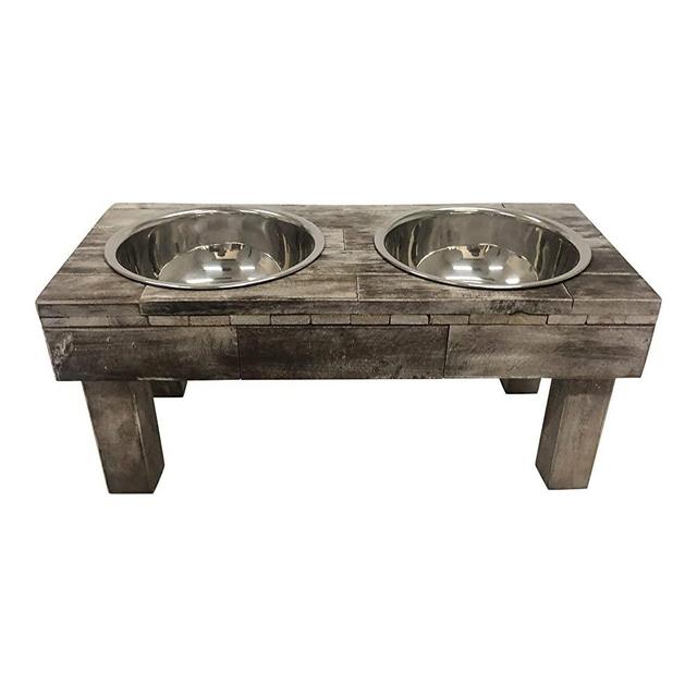 Huntley Pet Berjen Table Elevated Double Bowl Pet Feeder, Brown Wash