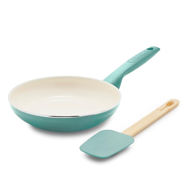 GreenPan Rio Healthy Ceramic Nonstick 8" Frying Pan Skillet and Silicone Spatula Set, Soft Grip Handle, Breaktfast Meal Set, PFAS-Free, Dishwasher Safe, Oven Safe, Turquoise