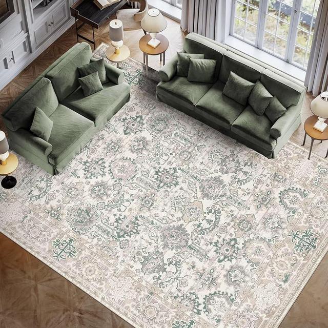 Vamcheer Washable Rug 5'x7' - Machine Washable Area Rug for Living Room Bedroom Vintage Style Low-Pile Soft Rug for Dining Room Home Decor Traditional Carpet, Non Slip & Easy to Clean, Beige Green