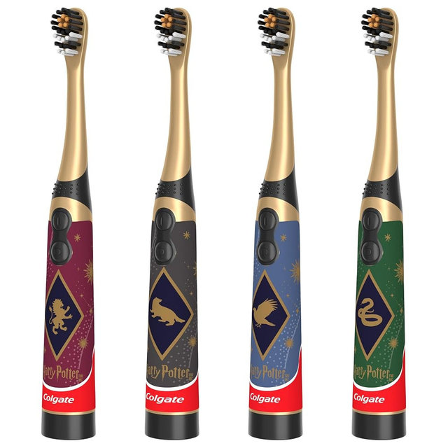 Colgate Harry Potter Kids Battery Toothbrush Multipack, Extra Soft Kids Vibrating Toothbrush, AA Batteries Included, 4 Pack, for Witches and Wizards Ages 3 and Older, Lay Flat Design