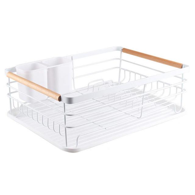 Yunkee Dish Drying Rack - Cutlery Dish Drainer with Stylish Wooden Handle - White