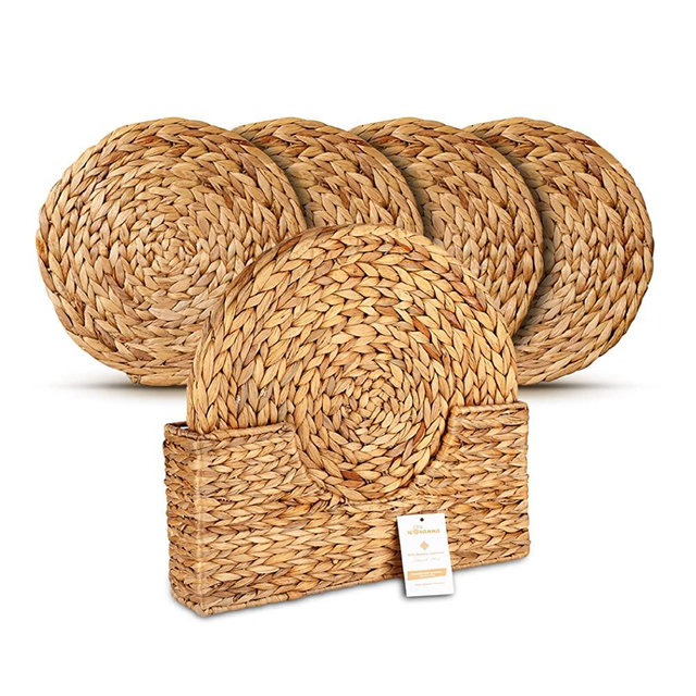 Wovanna Woven Placemats for Dining Table - Set of 4 Adorable Thick Rustic Round Kitchen Placemats with Decorative Tall Holder – All Natural Wicker Tablemats Hand-Braided from Water Hyacinth, 15"