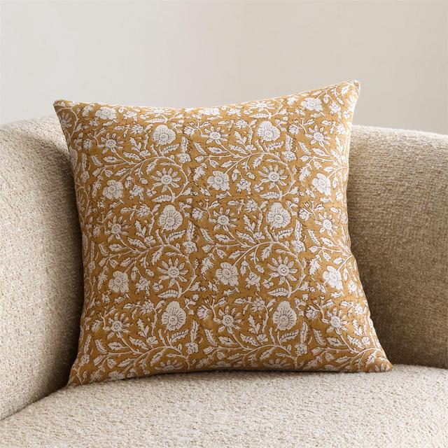 Whitney Linen 20"x20" Moroccan Ocher Floral Hand Printed Throw Pillow with Down-Alternative Insert