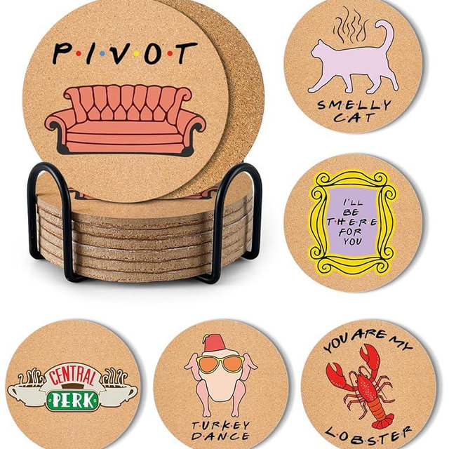 PWHINGN Friends TV Show Merchandise - Funny Friends TV Show Coasters Set of 6 with Holder, Cork Coasters for Coffee Table, Friends TV Themed Gifts for Women Fans Housewarming Gifts