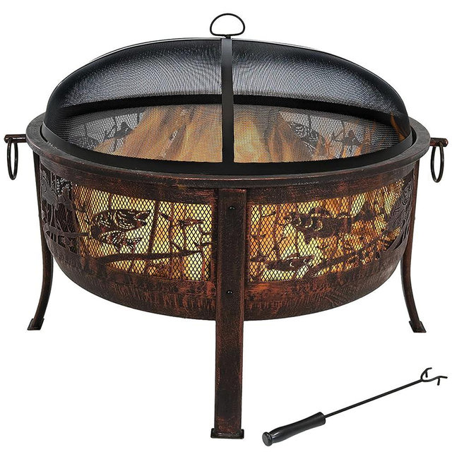 Sunnydaze 30-Inch Fire Pit with Spark Screen, Water-Resistant Cover, Metal Grate, and Fireplace Poker - Northwoods Fishing