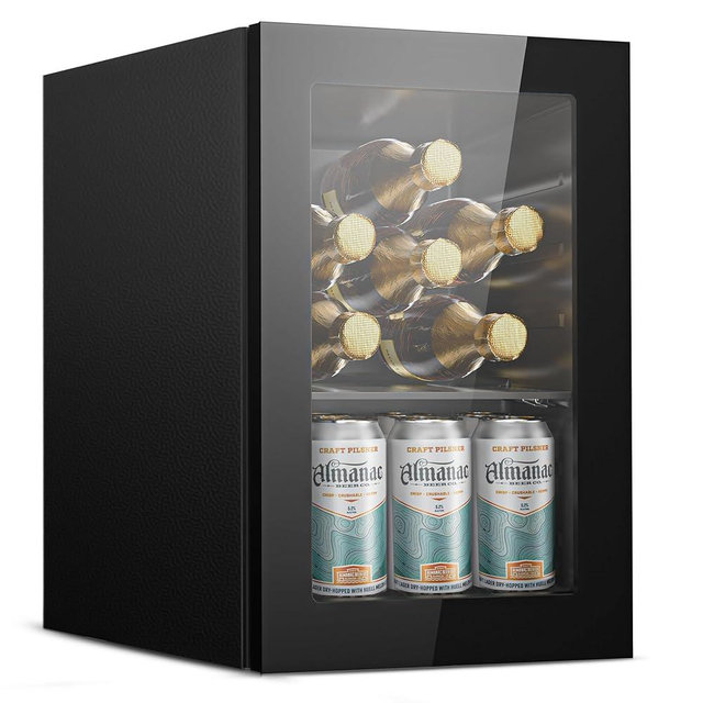 EUHOMY 6 Bottles and 6 Cans Wine Cooler Refrigerator with Glass Door, 37°F-57°F Countertop Wine Fridge Advanced Cooling Technology, Wine Celler with Removable Shelf for Home, Kitchen, Office