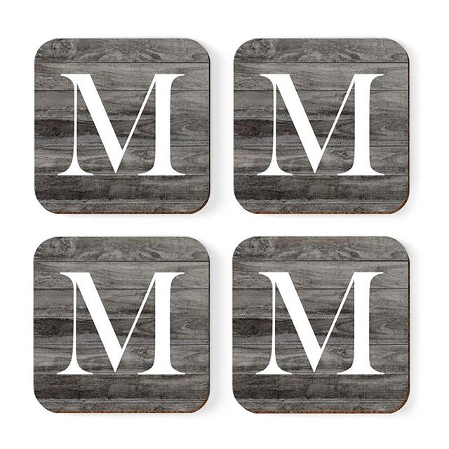 Andaz Press Square Coffee Drink Monogram Coasters Gift Set, Initial Letter M, Dark Gray Farmhouse Rustic Wood, 4-Pack, Wedding Bridesmaid Groomsman Gifts, Housewarming Christmas Gift Ideas