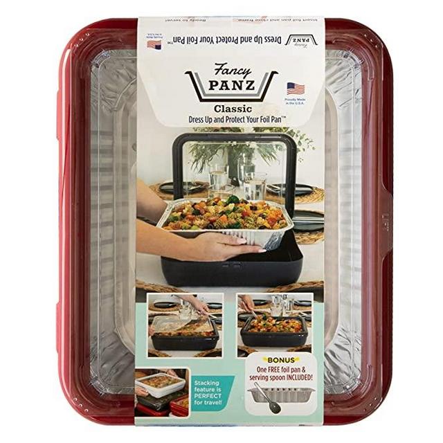 Fancy Panz Classic, Dress Up & Protect Your Foil Pan, Made in USA, Fits Half Size Foil Pans. Half size Foil Pan & Serving Spoon Included. Hot or Cold Food. Stackable for easy travel. BPA free (Classic, Red), (FPD02)
