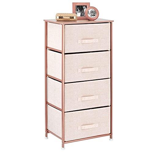 mDesign Vertical Dresser Storage Tower - Sturdy Steel Frame, Wood Top, Easy Pull Fabric Bins - Organizer Unit for Bedroom, Hallway, Entryway, Closets - Textured Print, 4 Drawers - Light Pink/Rose Gold