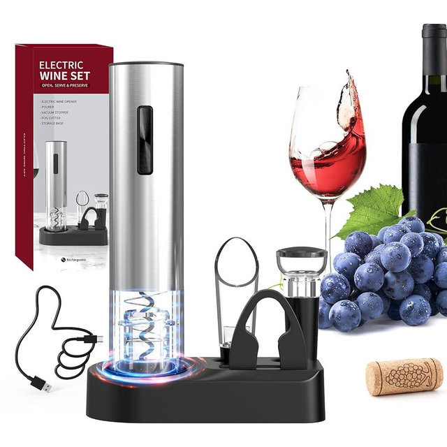 CIRCLE JOY 5-in-1 Electric Wine Opener Set Rechargeable Stainless Steel Automatic Corkscrew Wine Bottle Opener Set with Foil Cutter, Wine Aerator Pourer, Vacuum Wine Stopper and Storage Base, Silver
