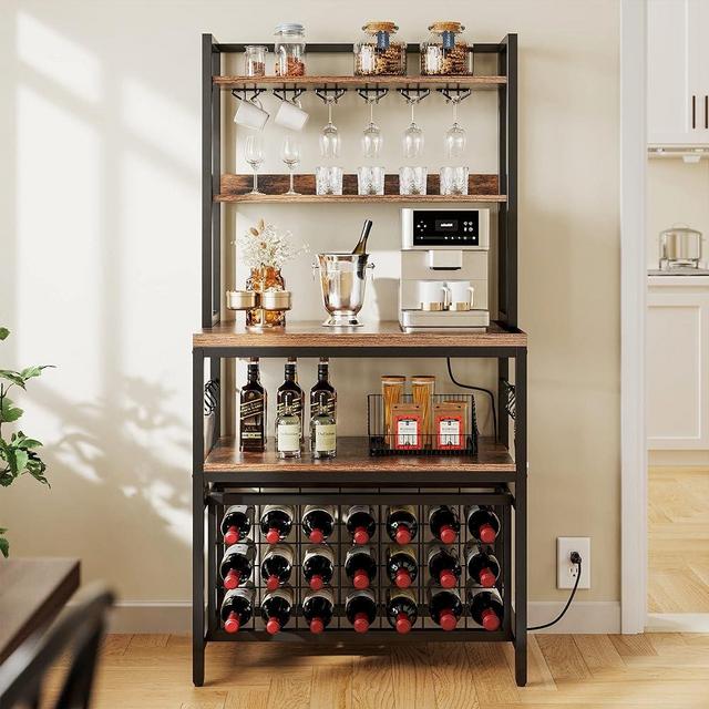 YITAHOME Kitchen Microwave Bakers Stand Wine Rack, Free Standing Small w Storage for Liquor Bottle Glasses Power Outlet Tall Farmhouse Utility Shelf Dining Room Coffee Bar Hutch 31 Inch, Rustic Brown
