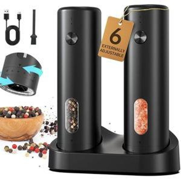 CIRCLE JOY Rechargeable Electric Salt and Pepper Grinder Set with Charging Base, Automatic Pepper Mills with 110ml Container, External Adjustable Coarseness, White Led Light, Easy to Operate, Black