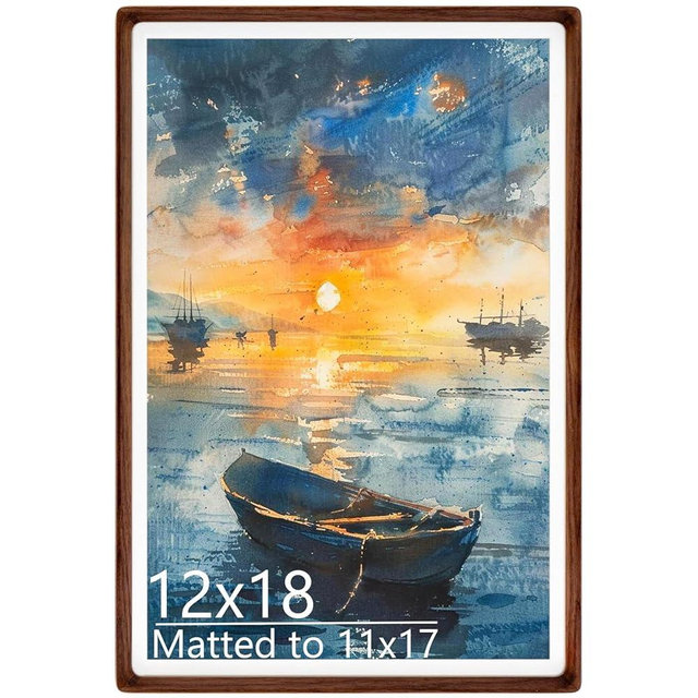 Husteria 12x18 Picture Frame in Natural Walnut Wood, Solid Wooden Photo Frames Matted to 11x17, Gallery Poster Frames for Wall Mount