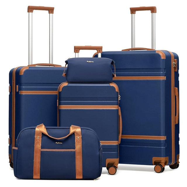 LONG VACATION Luggage Sets 5 Piece, Suitcases With Wheels, PC+ABS Hardshell Luggage Set with Spinner Wheels, TSA Lock (Navy Brown)