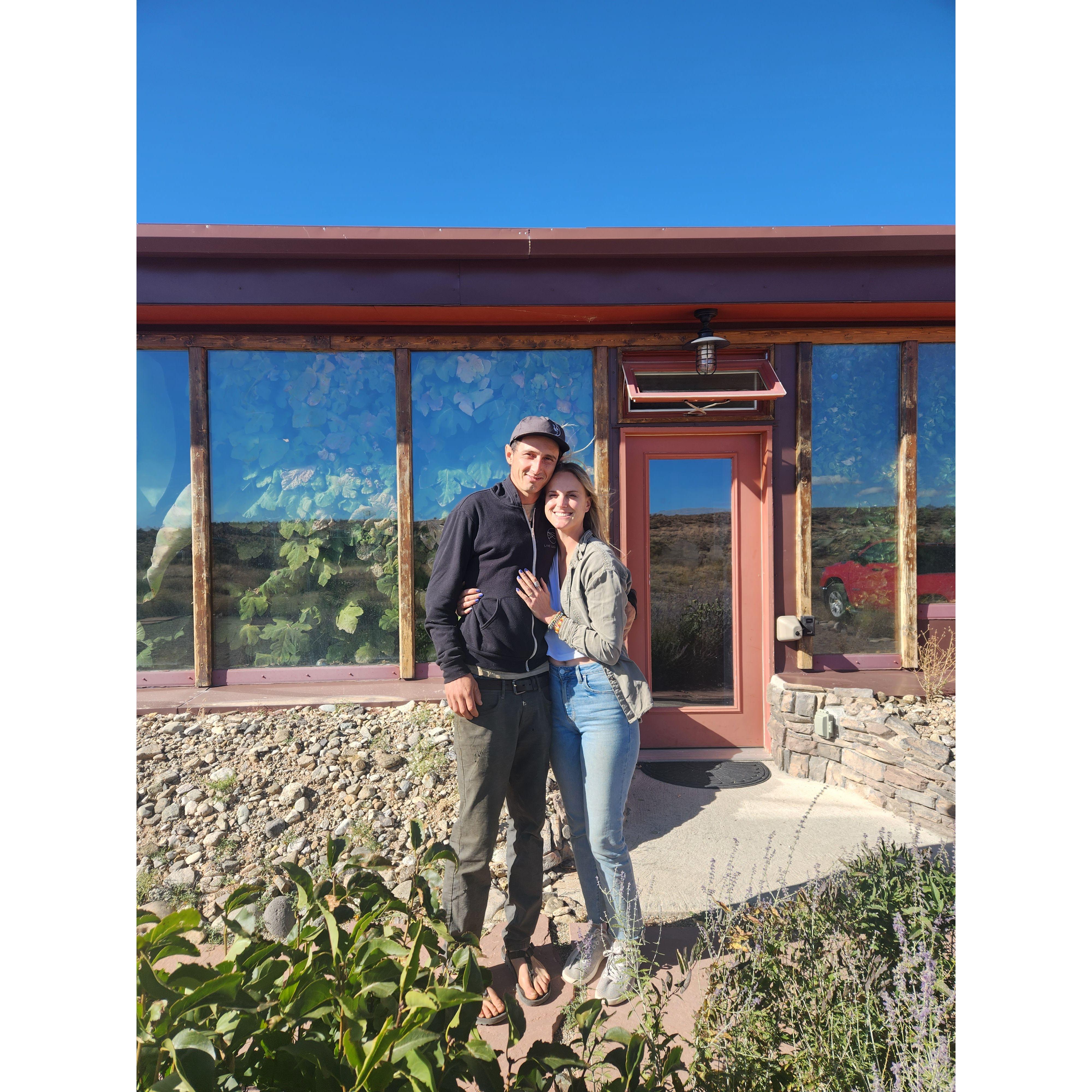 Outside our Earthship airb&b in Taos, New Mexico where Matt proposed!