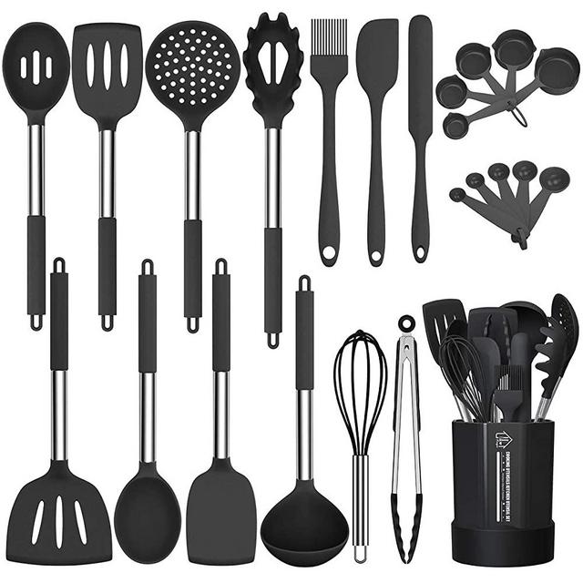 Fungun Kitchen Cooking Utensil Set, 24 pcs Non-stick Silicone Kitchen Utensils Spatula Set with Holder, Stainless Steel Handle Heat Resistant Silicone Kitchen Gadgets Utensil Set (Dark Black)