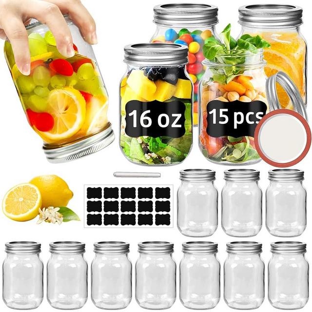 Aliggbent Mason Jars 16 oz,15pcs Reusable Pint Canning Jars, Clear Mason Jars with Regular Lids, Round Glass Mason Jars for Canning, Fermenting, Pickling, Meal Prep, Overnight Oats,Jam,Fruit,Snack