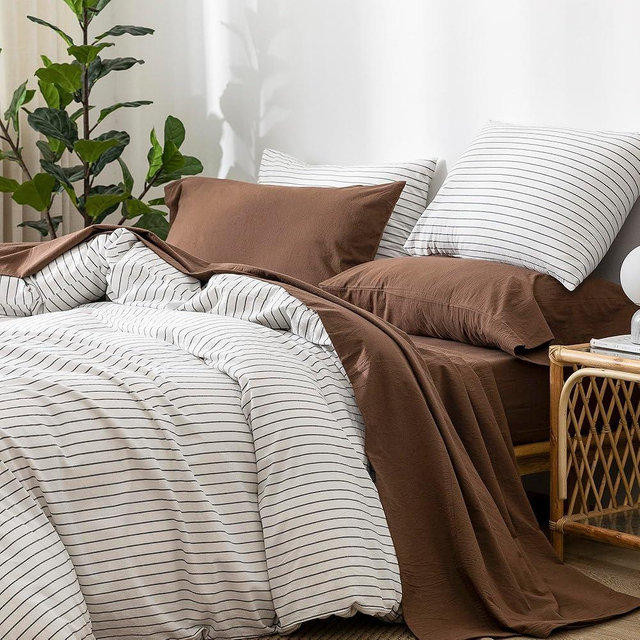 MooMee Bedding Sheet Set 100% Washed Cotton Linen Like Textured Breathable Durable Soft Comfy (Cocoa Brown, King)