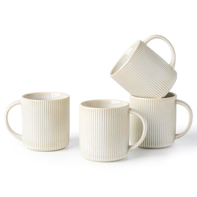 theterra Ceramic Coffee Mugs Set of 4, 14.2oz Handmade Coffee Cups with Handle for Latte, Tea, Milk, Beer, Hot Cocoa, Reactive White