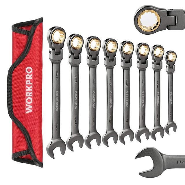 WORKPRO 8-piece Ratcheting Combination Wrench Set, Metric 9-17 mm, Flex Head, 72-Teeth, Nickel Plating with Organization Bag
