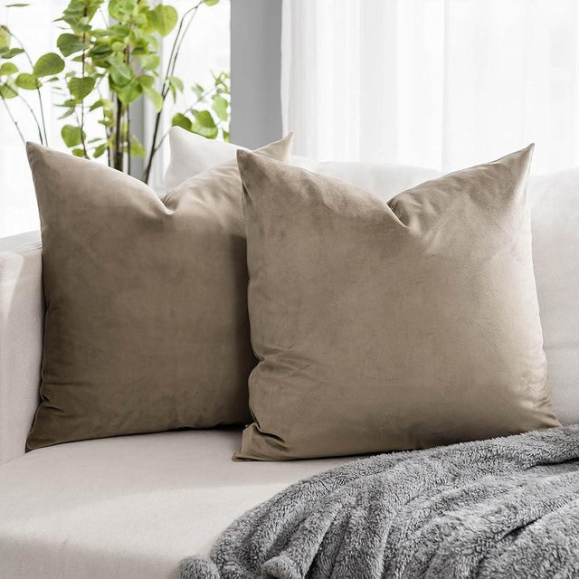 QUAFOO Stone Soft Velvet Throw Pillow Covers 18x18 inch set of 2 for Sofa Couch Bed Living Room Decorative Luxury Solid Square Cushion Covers Case with Zipper