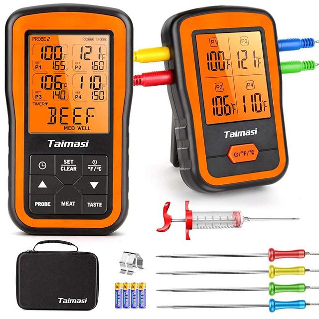 Wireless Digital Meat Thermometer with 4 Probes & Meat Injector, Upgraded 500FT Remote Range Cooking Food Thermometer for Grilling & BBQ & Oven & Kitchen