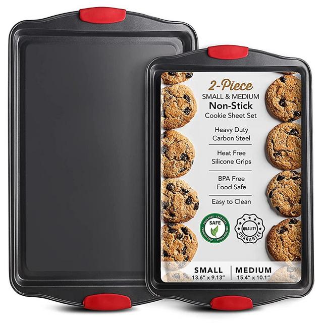 Baking Sheet Set, 2-Piece Cookie Sheet Set with Silicone Handles, Nonstick Steel Baking Pan, Durable Baking Sheets for Oven, BPA Free Baking Pans Set, Cookie Sheets for Baking Set, Black Bakeware Sets