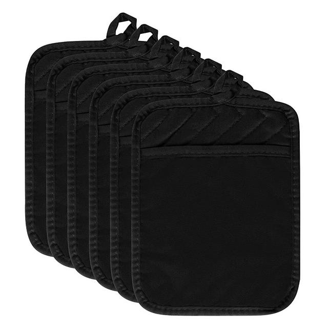 6Pcs Pot Holder with Pocket for Kitchen Black Pocket Pot Holder Set Cotton Heat Resistant Potholder Terry Cloth Coaster Kitchen Hot Pad Oven Mitts Bulk Hot Pads Trivet for Baking Cooking 7''x9''