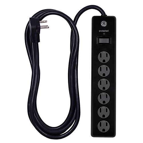 GE 6 Outlet Surge Protector, 10 Ft Extension Cord, Power Strip, 600 Joules, Twist-to-Close Safety Covers, Black, 37442