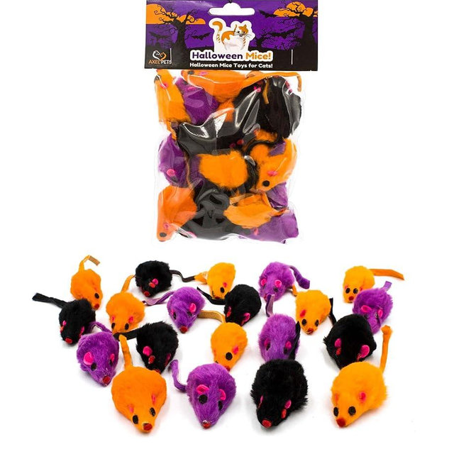 AXEL PETS 20 Halloween Colorful Furry Mice Cat Toys with Catnip and Rattle Sound Made of Real Rabbit Fur, Interactive Catch Play Teaser Mouse Toy for Cats and Kittens. Pack of 20 Mice