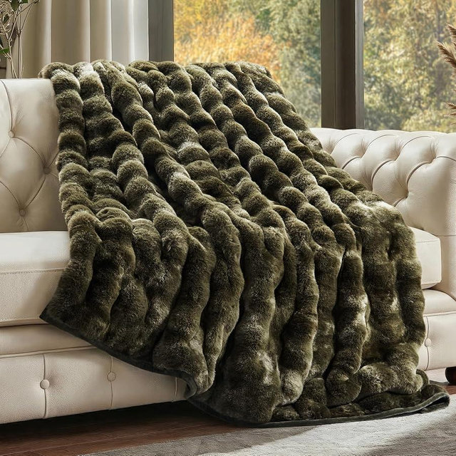 EverGrace Ultra Soft Luxury Fluffy Faux Rabbit Fur Throw Blanket, Thick Warm Bubble Throw for Bed, Cozy Plush Reversible Blankets for Couch, Chair, Sofa, Marble Olive, 60x80 Inches