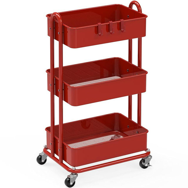 Simple Houseware 3-Tier Heavy Duty Metal Utility Rolling Cart, Red
