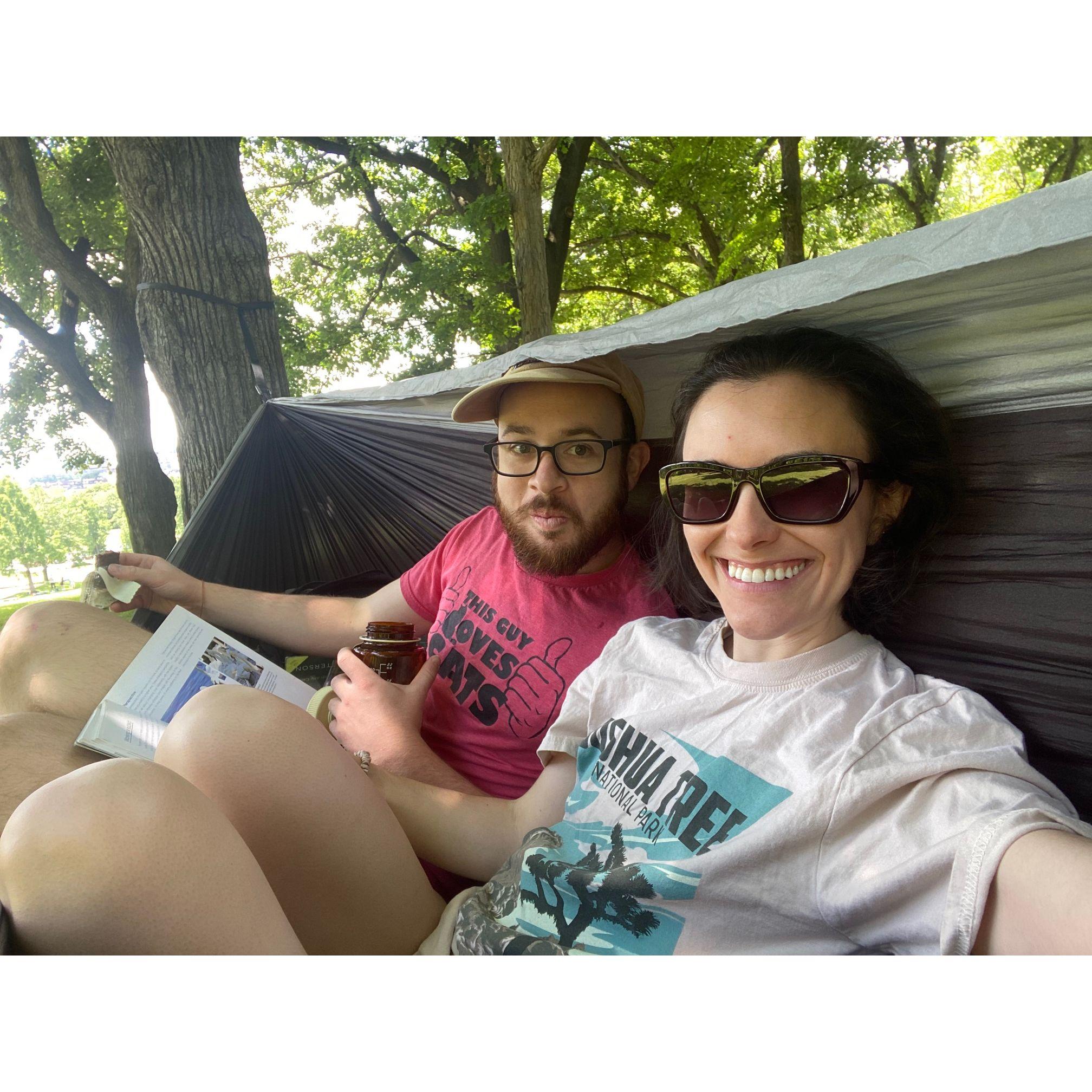 One of many weekends hanging out together in Pittsburgh, PA. This was in our hammock at Schenley Park.