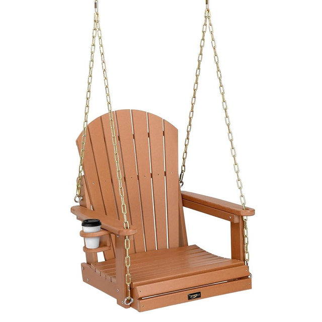 VINGLI Heavy Duty 880 LBS HDPE Porch Swing Outdoor with Rotatable Cup Holder, 1-Person Patio Hanging Swing with Adjustable Chains for Porch, Yard, Tree, Garden (Teak)