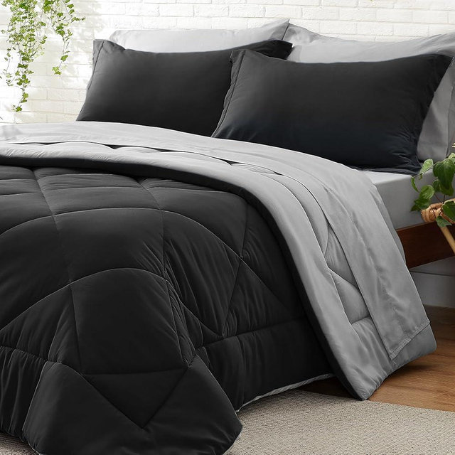 BEDELITE Queen Comforter Set 7 Pieces Bed in A Bag - Soft Microfiber Reversible Black Bed Set with Comforters, Sheets, Pillowcases & Shams, Cozy Luxury Bedding Sets for All Season