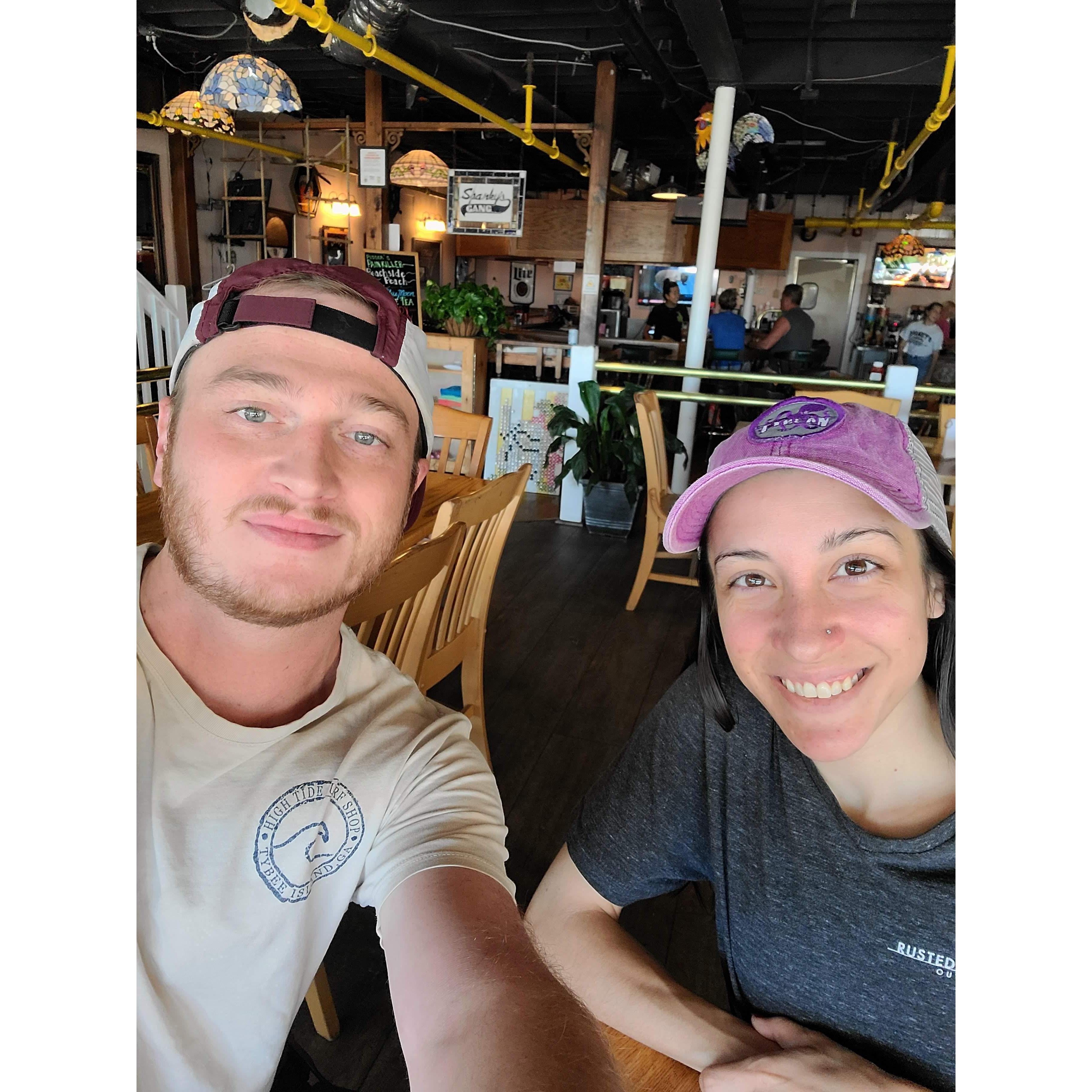 This is us at Spanky's in Tybee Island - Day after proposal!