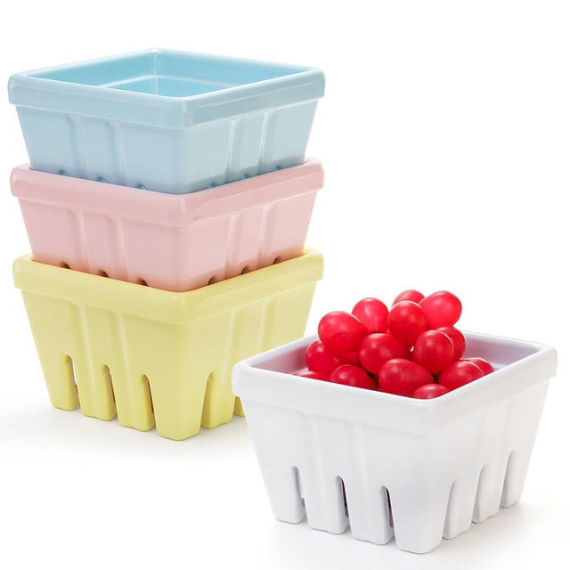 ZEAYEA Set of 4 Berry Basket, Melamine Berry Bowl With Holes, Square Kitchen Fruit Basket, 4" Colander Cute Small Container for Strawberry, Grape, Cherry, Berries