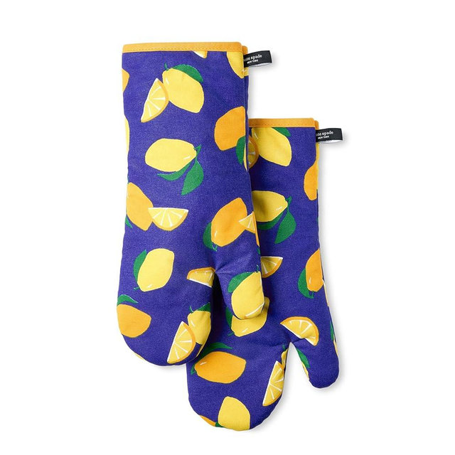 KATE SPADE NEW YORK Lemon Party Oven Mitt 2-Pack Set, Heat Resistant, 100% Cotton, Navy Blue/Yellow, 7"x13"