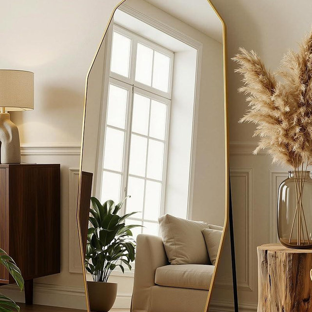 Antok Full Length Mirror, 71"x32" Floor Mirror, Free Standing Wall Mounted or Leaning Full Body Mirror with Aluminum Alloy Frame, Diamond Irregular for Bedroom Entryway Cloakroom, Gold