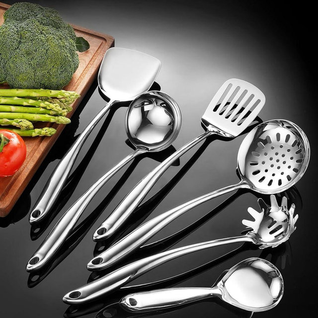 NIITAWH 304 Stainless Steel Kitchen Utensil 6 PCS Cooking Utensils Set, Spatula, Ladle, Skimmer, Slotted Spatula Tunner, Spaghetti Spoon, Large Spoon