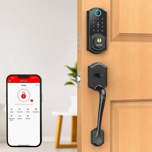 Smart Locks for Front Door, SMONET Keyless Entry Door Lock with Handle, Front Door Lock Set Fingerprint Deadbolt Bluetooth Electronic Digital Keypad, Auto Lock Work with Alexa, Easy to Install, Black