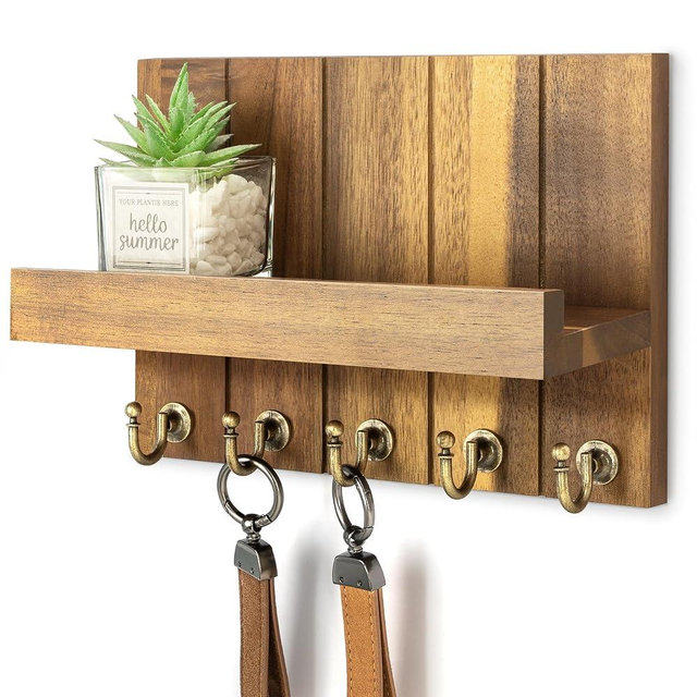 Rebee Vision Acacia Wood Key Holder Wall Mount – Farmhouse Key Holder for Wall & Mail Organizer with Shelf for Home Decor – Ideal for Apartment Essentials (Acacia Wood, 3.54" x 10" x 7.28")