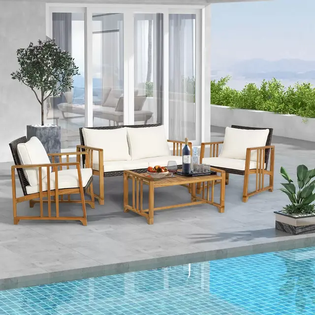 Costway 4PCS Patio Mix Brown Wicker Sofa Set Acacia Wood Frame with Seat & Back Cushions