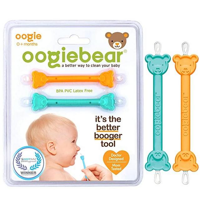 oogiebear - The Safe Baby Nasal Booger and Ear Cleaner - Baby Shower Registry Essential | Easy Baby Nose Cleaner Gadget for Infants and Toddlers | Dual Earwax Snot Removal - Two Pack Orange Seafoam