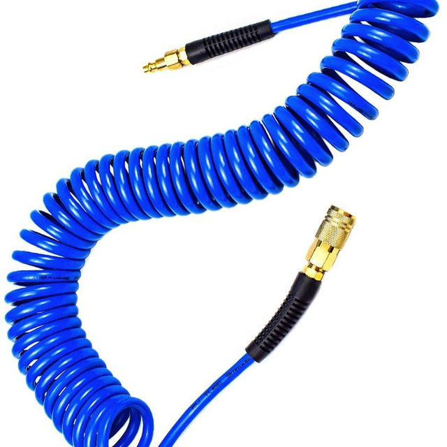 YOTOO Polyurethane Recoil Air Hose, Air Compressor Hose 1/4" Inner Diameter by 25' Long with Bend Restrictor, 1/4" Industrial Quick Coupler and Plug, Blue