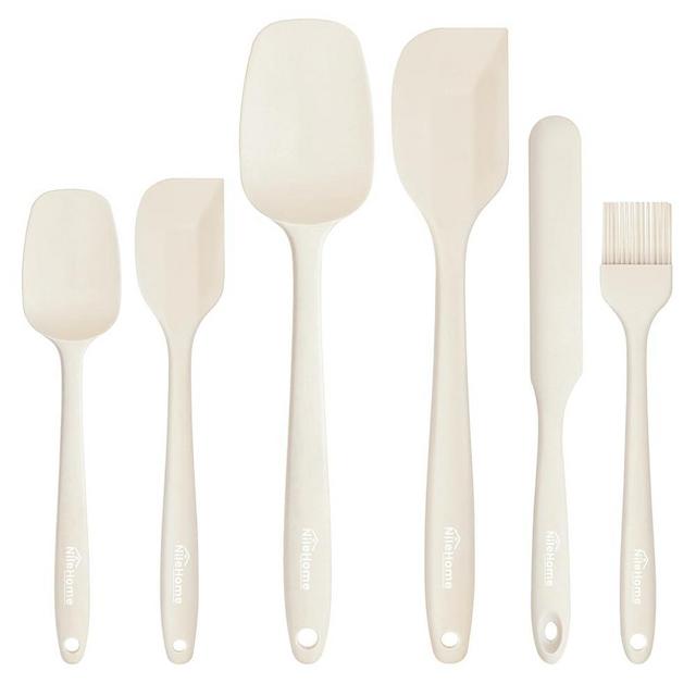 NileHome Silicone Spatula Set, 6 Pieces Food Grade Kitchen Utensils with Silicone Brush Heat Resistant Dishwasher Safe BPA-Free Rubber Spatula for Scraping, Baking, Cooking, Mixing-Ivory