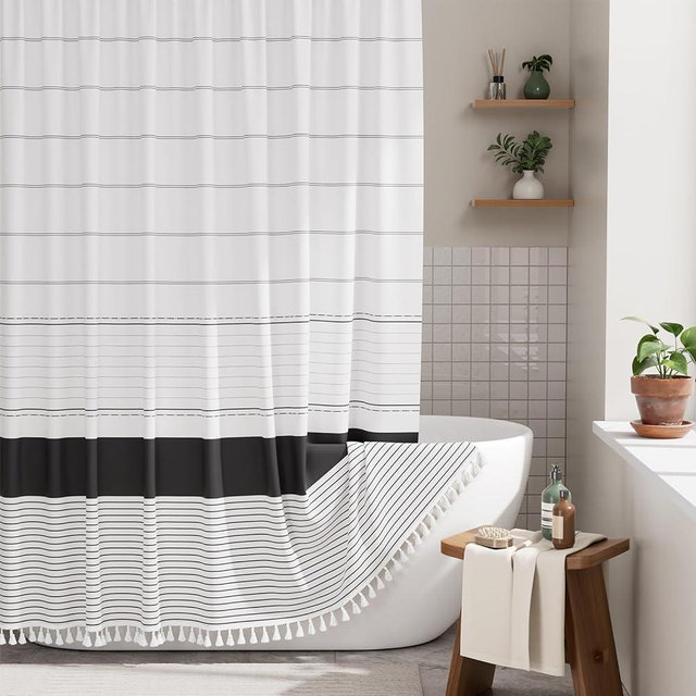 AmazerBath Boho Shower Curtain Set, Rustic Faux Linen Black Striped Shower Curtain with Hooks, Modern Farmhouse Shower Curtain with Tassels, White Base Toned, 72x72 Inches