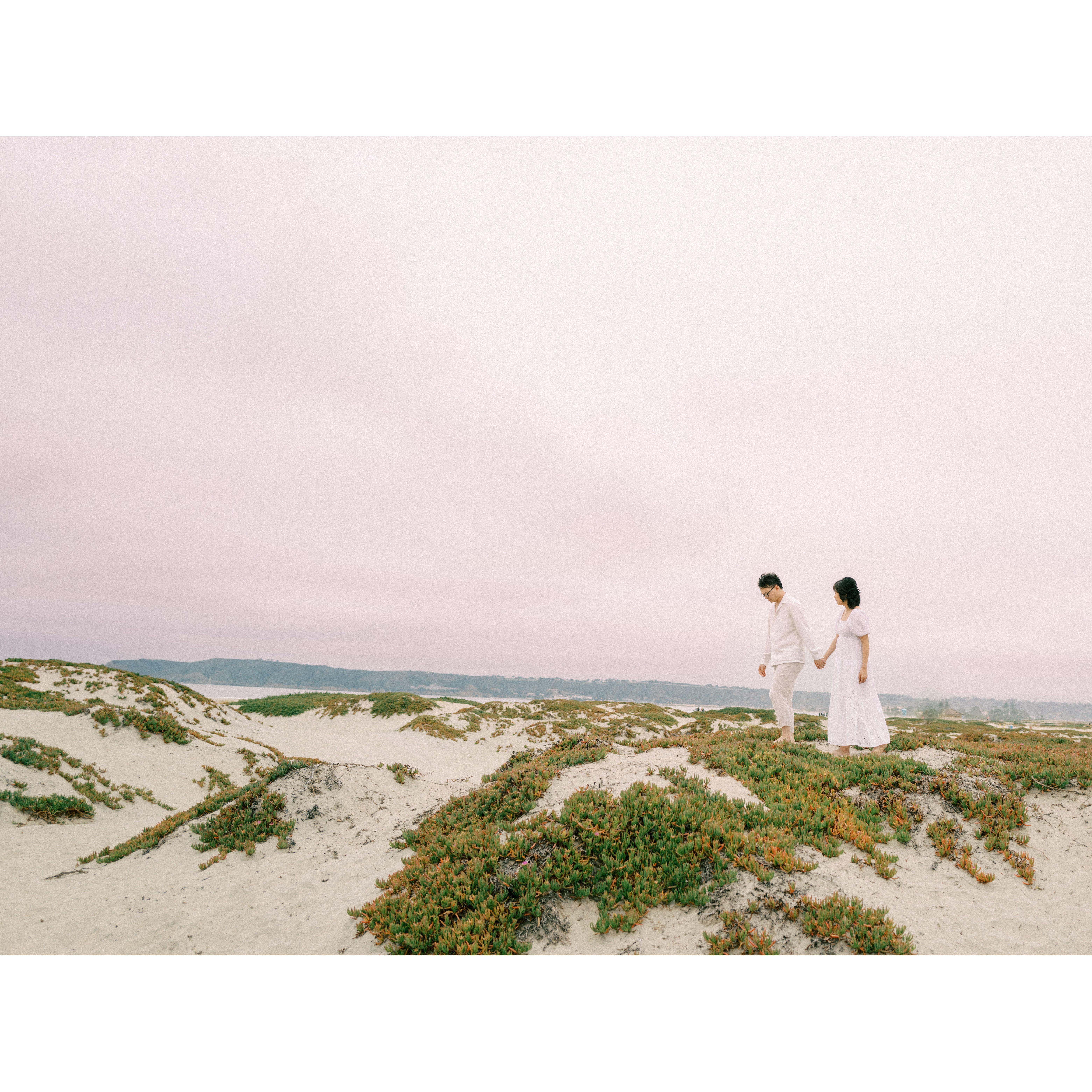 Our engagement photoshoot in Coronado Island, featuring the pink sky.