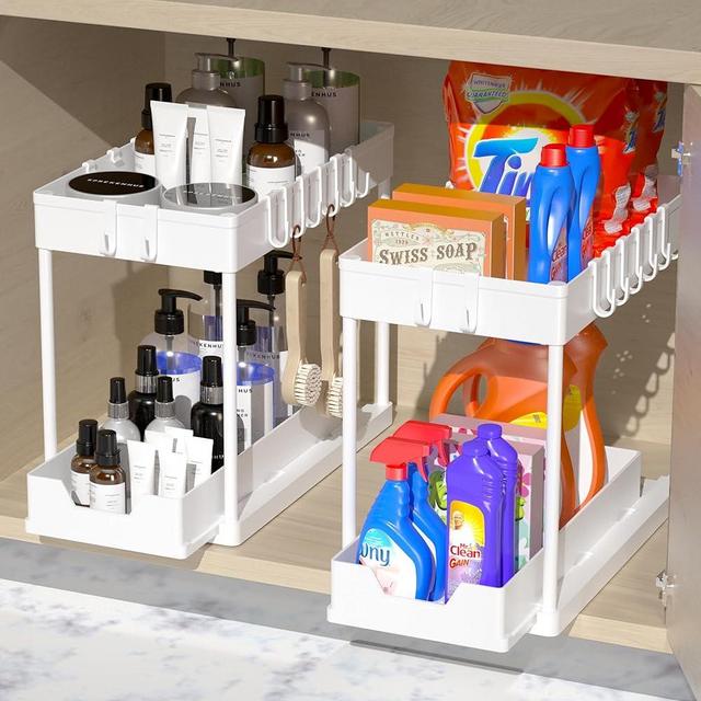 mosala 2 Pack Under Sink Organizers and Storage - 2 Tier Sliding Bathroom Cabinet Organizer with Hooks - Multi-Purpose Under The Sink Organizer Kitchen - white