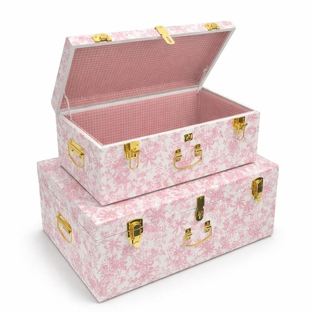 Rool Floral Decorative Storage Trunk Set of 2 – Pink Metal Keepsake Trunks with Gingham Fabric Lining, Stackable for Nursery & Baby Shower Gifts (Pink)